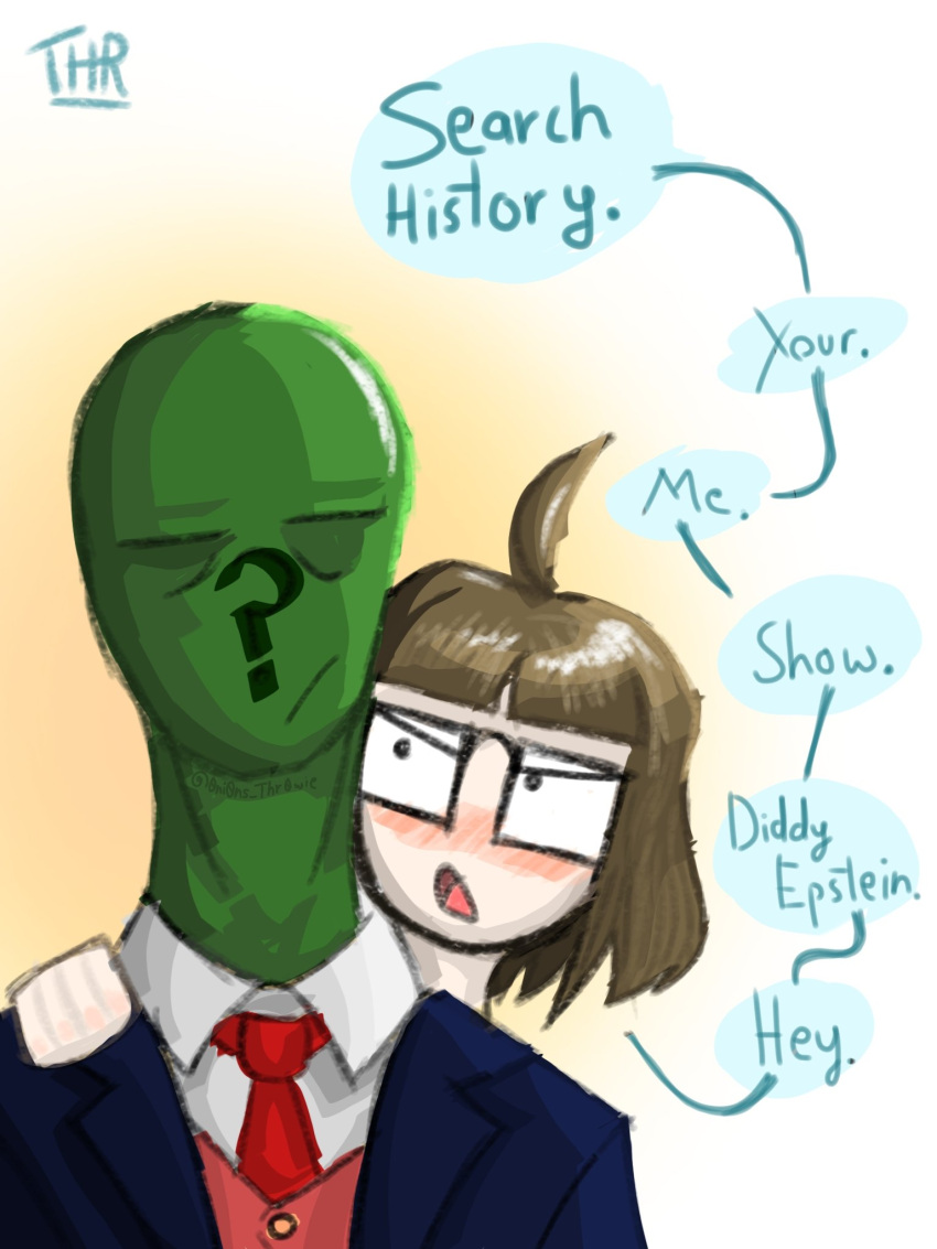 1boy, 1girl, :<, ?, accusations, ahoge, angry, anonymous_(4chan)