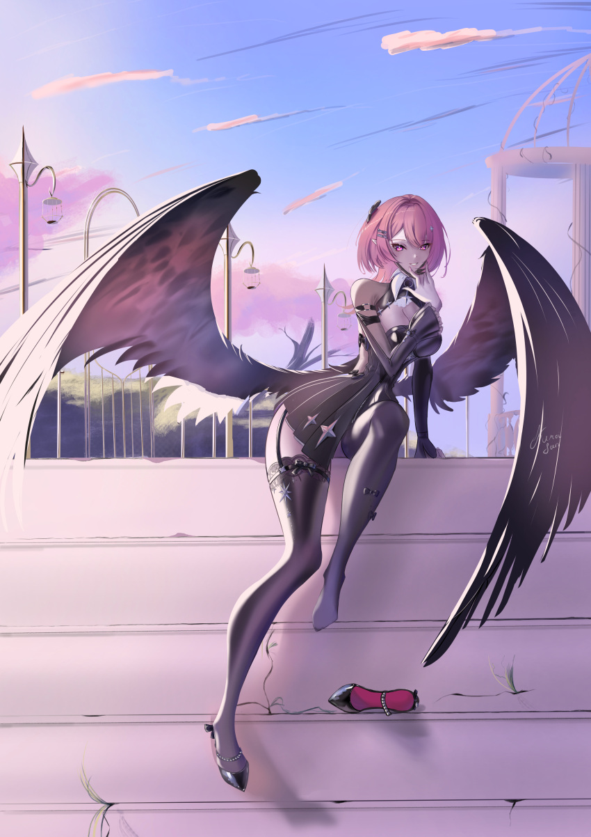 1girl, absurdres, black_dress, black_thighhighs, black_wings, dress, highres, kuro1tanaka