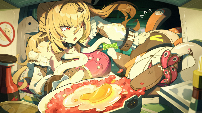 1girl, absurdres, bangboo_(zenless_zone_zero), blonde_hair, chalky_(zenless_zone_zero), cissia_(zenless_zone_zero), detached_sleeves, hair_between_eyes