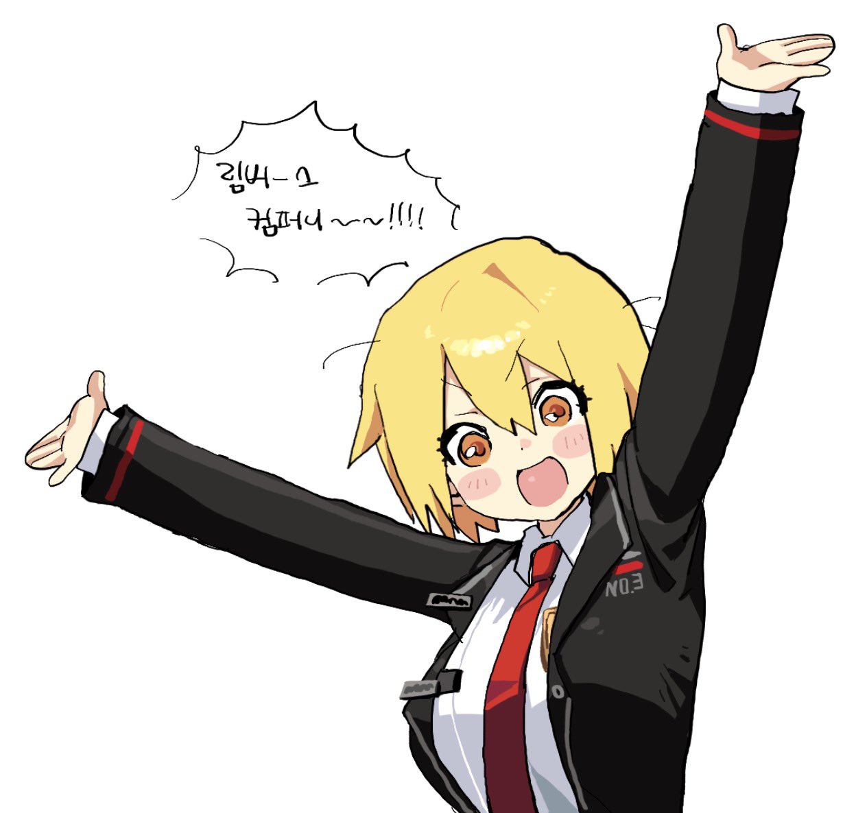 1girl, arms_up, badge, black_coat, blonde_hair, breasts, coat, collared_shirt