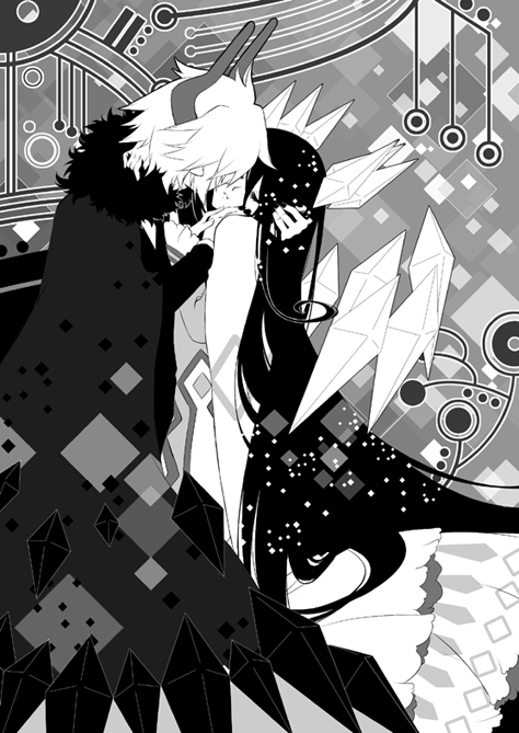1boy, 1girl, abstract_background, agito_su, black_hair, black_jacket, black_nails, cape