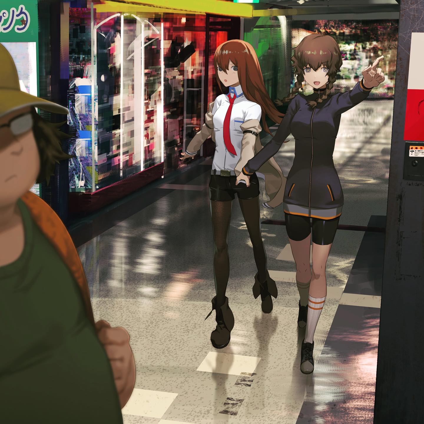 1boy, 2girls, :o, amane_suzuha, arm_belt, bag, baseball_cap, belt, bike_shorts, black_boots, black_pantyhose, black_shorts, blue_jacket, blurry, blurry_foreground, boots, braid, breast_pocket, breasts, brown_hair, brown_jacket, brown_shoes, collared_shirt, expressionless, fat, fat_man, full_body, glasses, green_shirt, grey_eyes, hair_between_eyes, hair_over_shoulder, hair_tie, hand_grab, hashida_itaru, hat, high_collar, highres, holding, holding_bag, huke, jacket, jacket_partially_removed, kneehighs, leather_belt, long_hair, long_sleeves, makise_kurisu, medium_hair, multiple_girls, necktie, official_artist_extra, opaque_glasses, orange_trim, outdoors, outstretched_arm, pantyhose, pocket, pointing, purple_trim, red_necktie, science_adventure, shirt, shoes, shopping, short_shorts, shorts, shoulder_bag, small_breasts, smile, sneakers, socks, standing, star_(symbol), star_in_eye, steins;gate, striped_clothes, striped_socks, surprised, symbol_in_eye, t-shirt, track_jacket, twin_braids, twintails, white_belt, white_shirt, yellow_eyes, yellow_hat, zipper, zipper_pull_tab