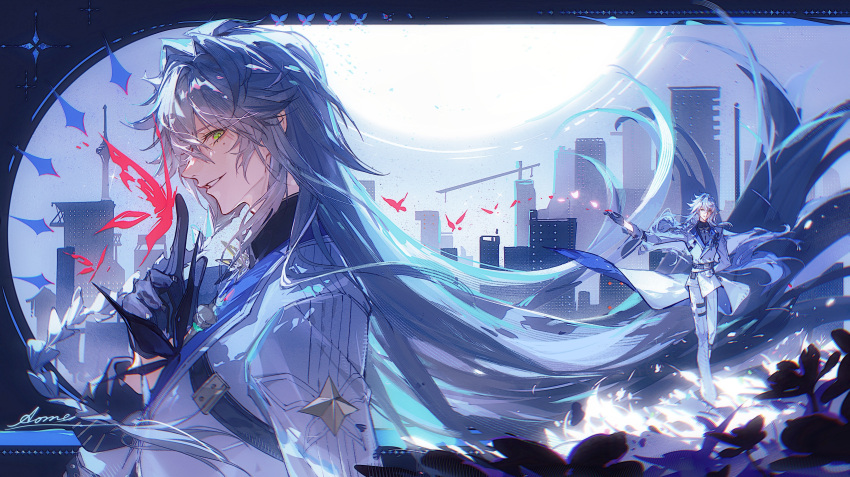 1boy, absurdres, aoma_(xuanzexuexi), arm_behind_back, baicang_(neverness_to_everness), black_gloves, black_shirt, bug, building, butterfly, chinese_commentary, commentary_request, exif_rotation, full_body, gloves, green_eyes, grey_hair, hair_between_eyes, hand_up, highres, index_finger_raised, jacket, lapels, long_hair, long_sleeves, male_focus, mole, mole_under_eye, multiple_views, neverness_to_everness, pants, parted_lips, profile, red_butterfly, shirt, sideways, smirk, sparkle, standing, teeth, thigh_strap, upper_body, white_jacket, white_pants