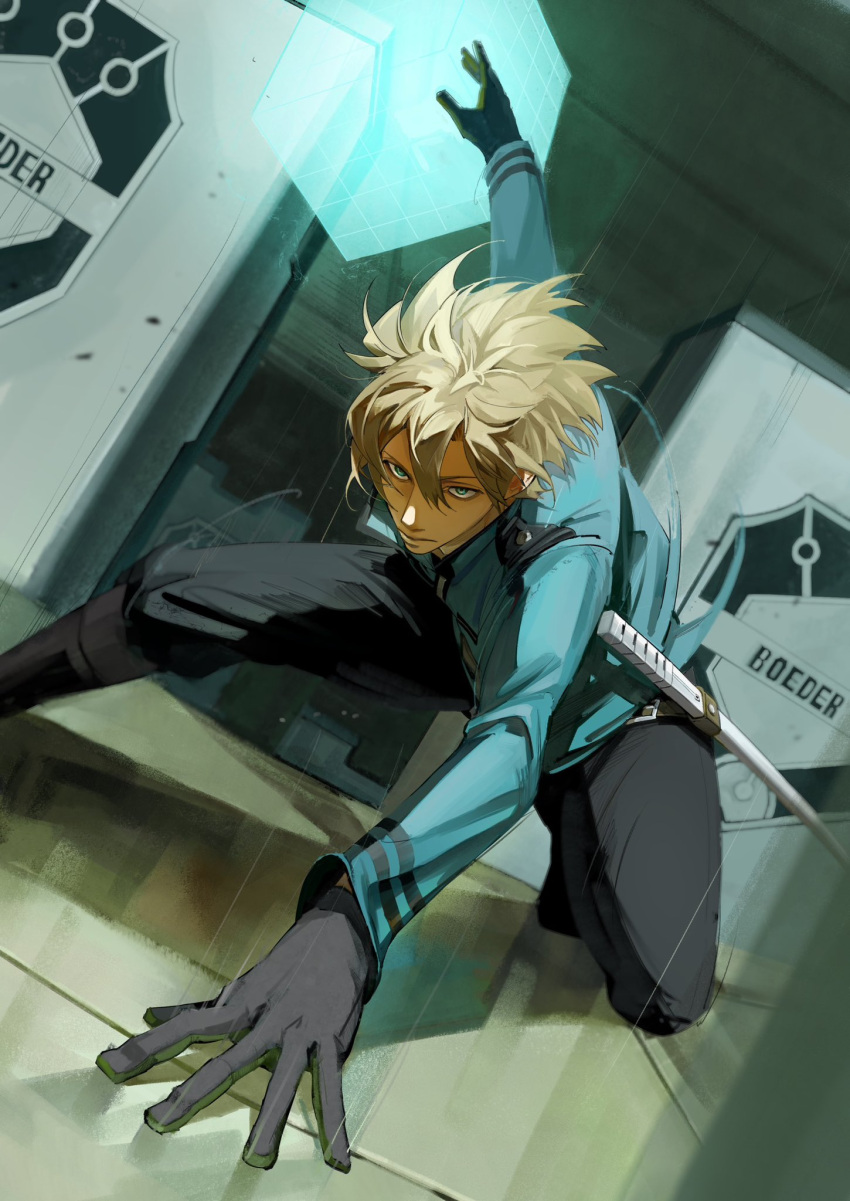 1boy, acbi_0706, black_boots, black_gloves, black_pantyhose, blonde_hair, blue_eyes, blue_jacket, boots, commentary, dynamic_pose, gloves, highres, hyuse, jacket, long_sleeves, male_focus, mikumo_squad's_uniform, pants, pants_tucked_in, pantyhose, sheath, sheathed, solo, sword, weapon, world_trigger