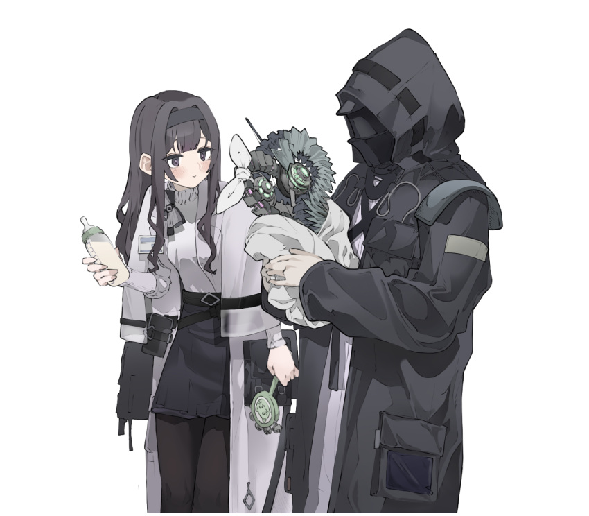 1girl, 1other, arknights, baby_bottle, black_hair, black_hairband, black_jacket, black_skirt