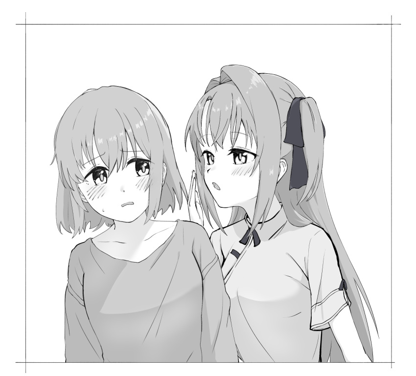 2girls, blush, commentary_request, greyscale, hair_intakes, hair_ribbon, highres, kamiina_botan, kamiina_botan_yoeru_sugata_wa_yuri_no_hana, long_hair, looking_at_another, monochrome, multiple_girls, ribbon, ruki_(user_cuxn5527), shirt, short_hair, sweatdrop, tonami_ibuki, two_side_up, whispering_in_ear, yuri