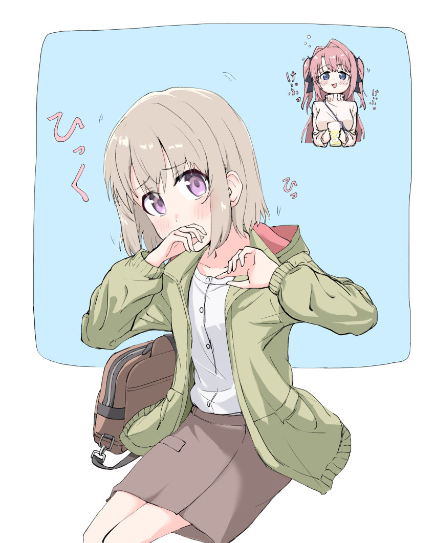 2girls, bag, black_ribbon, blush, brown_skirt, commentary_request, cup, drunk