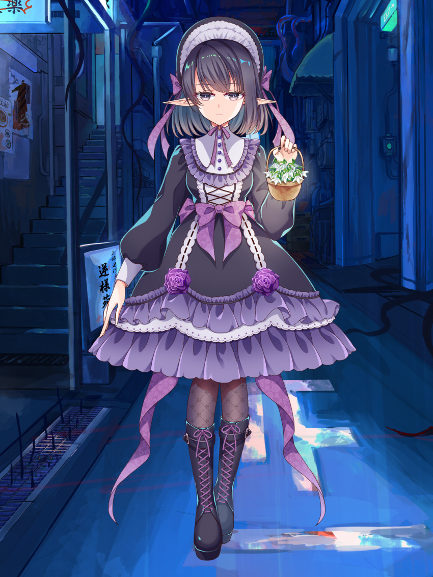 1girl, basket, black_dress, black_hair, blue_background, bonnet, boots, bow