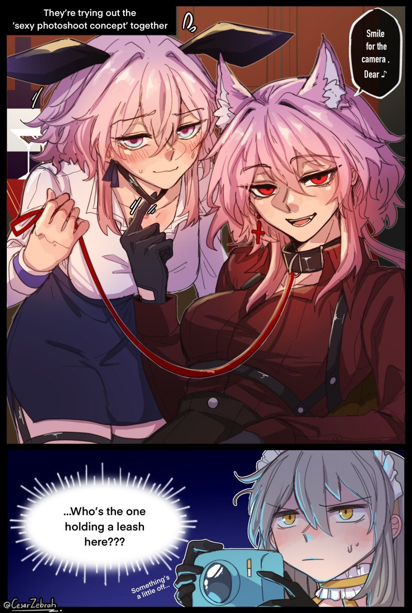 3girls, absurdres, alternate_costume, animal_ears, blue_eyes, blush, camera, cesar_zebrah, choker, choker_pull, collar, collarbone, commentary, dog_ears, english_commentary, english_text, enmaided, evernight_(honkai:_star_rail), fang, frilled_choker, frills, grey_hair, hair_between_eyes, highres, holding, holding_camera, holding_leash, honkai:_star_rail, honkai_(series), kemonomimi_mode, leash, long_sleeves, maid, maid_headdress, march_7th_(honkai:_star_rail), multiple_girls, open_mouth, pink_hair, red_eyes, short_hair_with_long_locks, smile, stelle_(honkai:_star_rail), sweat, taking_picture, trailblazer_(honkai:_star_rail), twitter_username, yellow_eyes, yuri