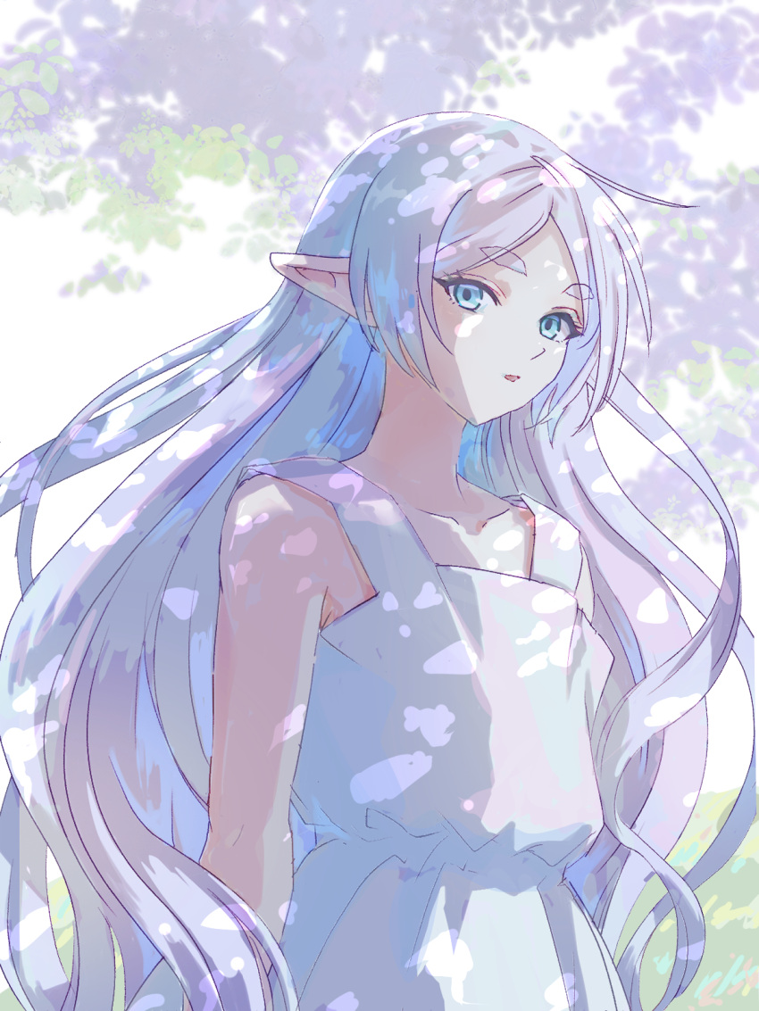 1girl, bare_shoulders, dress, elf, frieren, green_eyes, highres, long_hair, open_mouth, osanpo1234, pointy_ears, sleeveless, sousou_no_frieren, upper_body, white_dress, white_hair