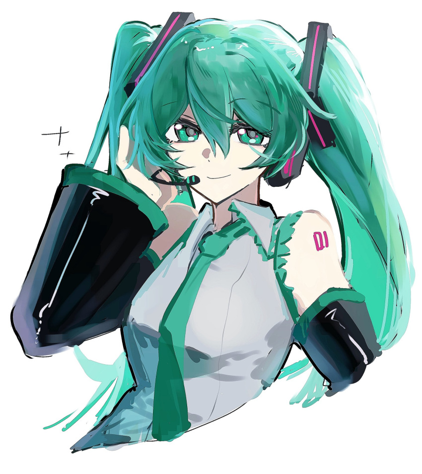 1girl, aqua_eyes, aqua_hair, aqua_necktie, aqua_trim, bare_shoulders, black_sleeves, cropped_torso