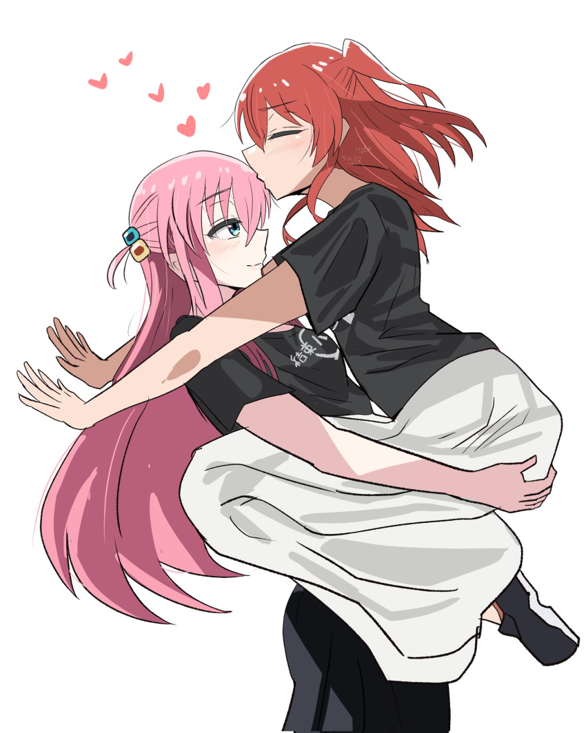2girls, black_shirt, black_shoes, blue_eyes, bocchi_the_rock!, carrying, carrying_person, closed_eyes