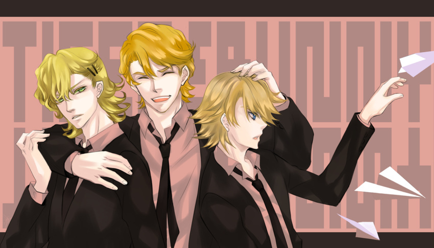 alternate_hairstyle, bad_id, barnaby_brooks_jr, blonde_hair, blue_eyes, formal, green_eyes, hair_ornament