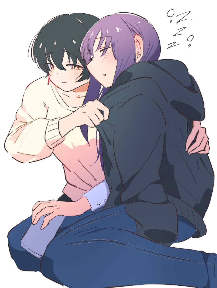 2girls, black_hair, black_hoodie, blue_pants, blush, cellphone, chang_chin-lan, commentary_request