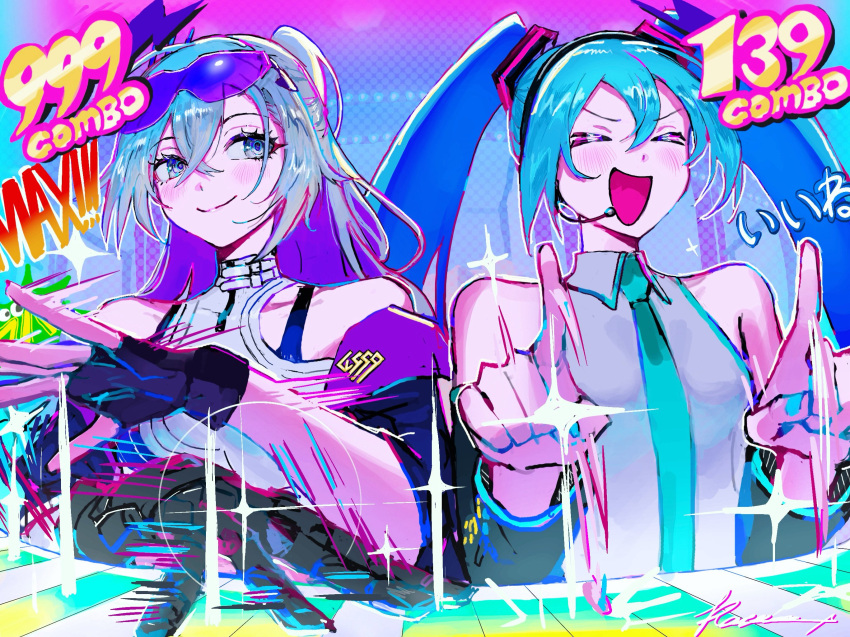 >_<, 2girls, :d, aqua_hair, aqua_necktie, artist_name, black_gloves, black_sleeves