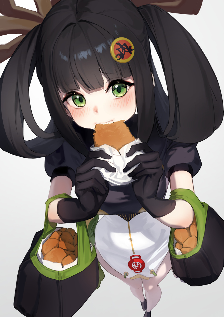1girl, absurdres, bag, black_gloves, black_hair, blaze_(zenless_zone_zero), blush, china_dress, chinese_clothes, closed_mouth, commentary, dress, food, from_above, gloves, green_eyes, grey_background, highres, holding, holding_bag, holding_food, looking_at_viewer, simple_background, solo, takusaku, zenless_zone_zero