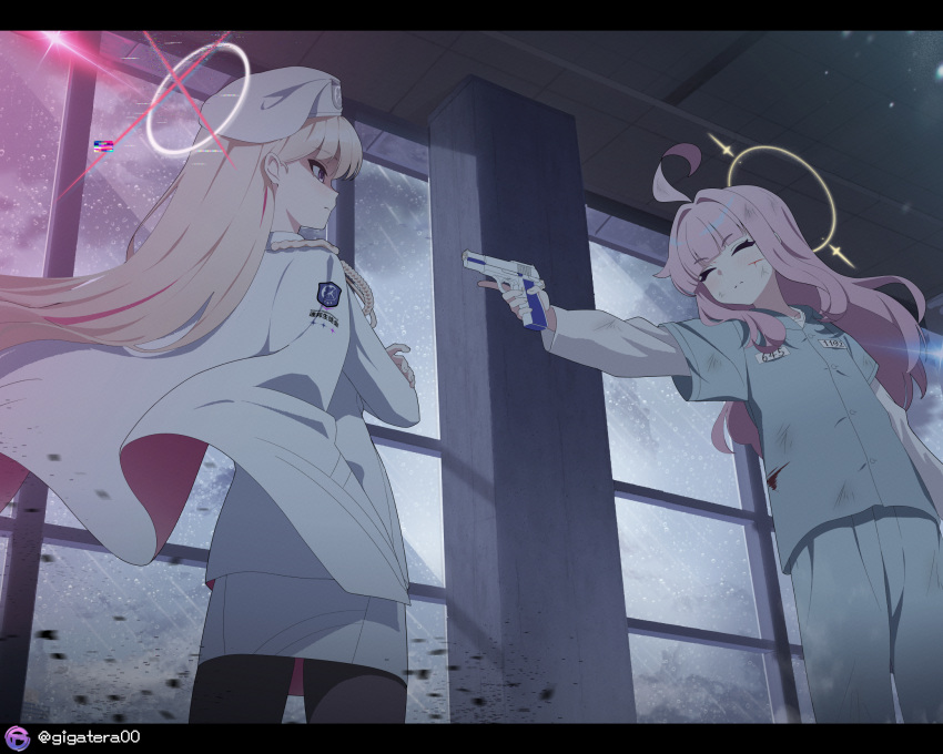 2girls, ahoge, aiguillette, aiming, blonde_hair, blonde_student_council_president_(blue_archive), blue_archive, cape