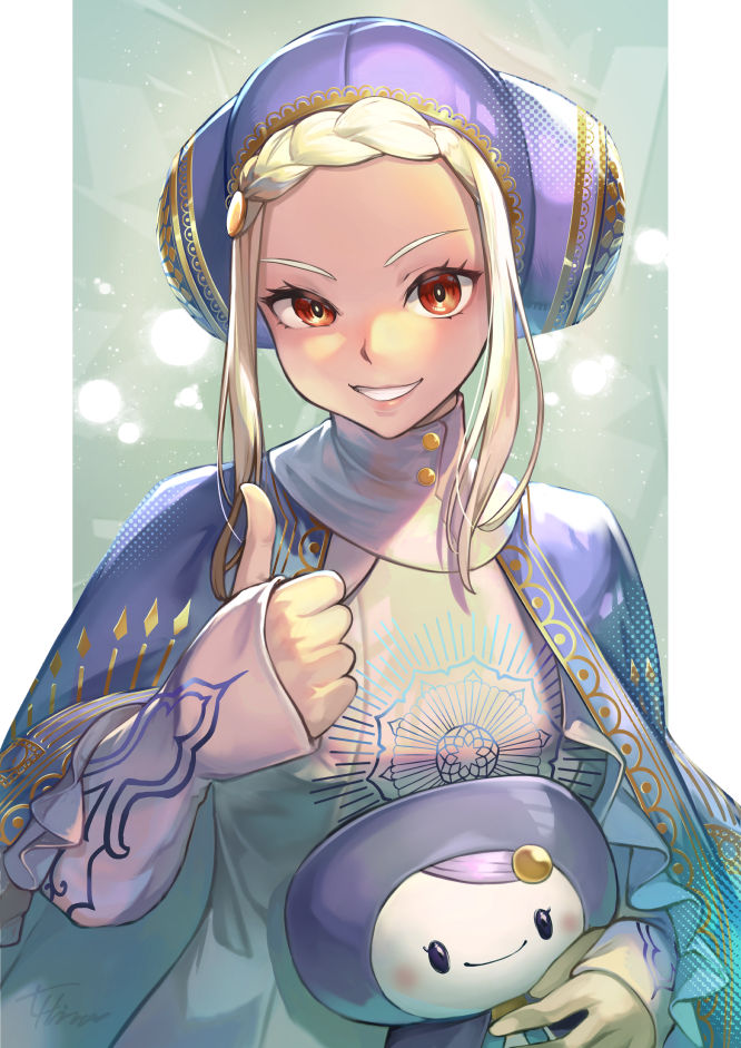 cape, commentary_request, detached_sleeves, escoffion, eyelashes, gloves, hinoru_saikusa, ingrid_(capcom), looking_at_viewer, monoid_(street_fighter), pale_skin, red_eyes, smile, street_fighter, street_fighter_6, thumbs_up, upper_body, white_hair
