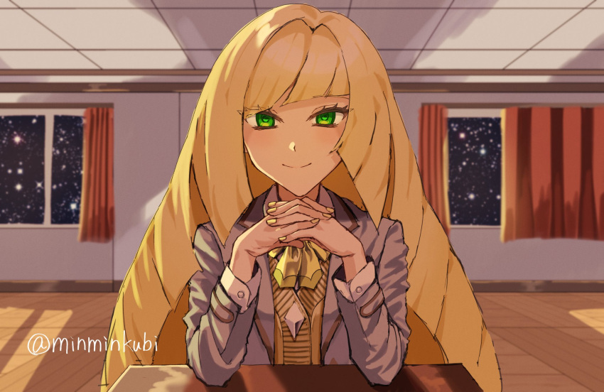 1girl, blonde_hair, closed_mouth, commentary_request, green_eyes, highres, indoors, interlocked_fingers