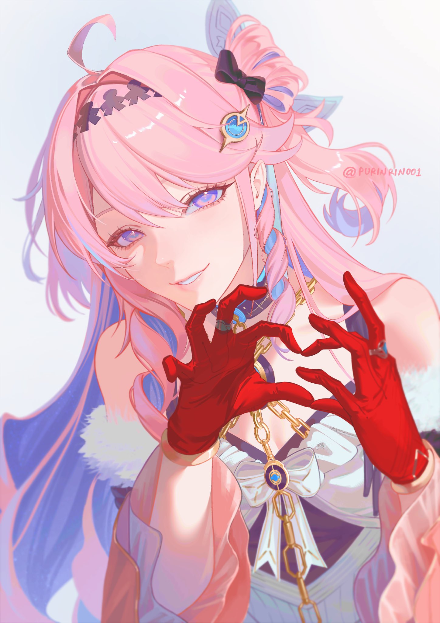 1girl, bare_shoulders, blue_hair, breasts, colored_inner_hair, commentary, denia_(wuthering_waves), four-finger_heart_hands