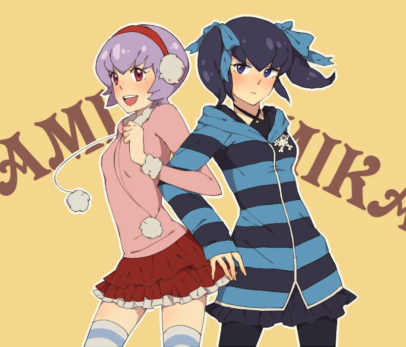 bike_shorts, black_legwear, blue_hair, choker, danball_senki, earmuffs, hair_ribbon, kawamura_ami