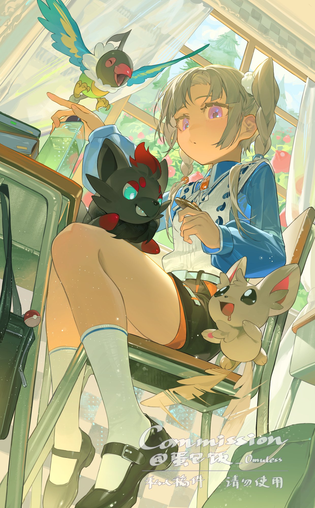1girl, bag, belt, black_shoes, black_shorts, blue_shirt, book, bottle