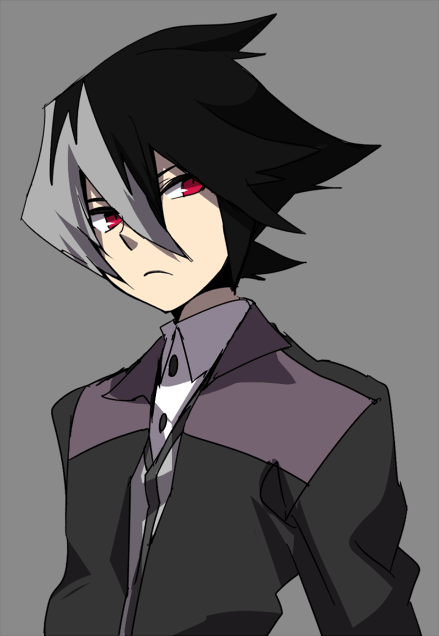 danball_senki, grey_hair, kaidou_jin, male, motomoto_saji, mudo_(saji), multicolored_hair, red_eyes