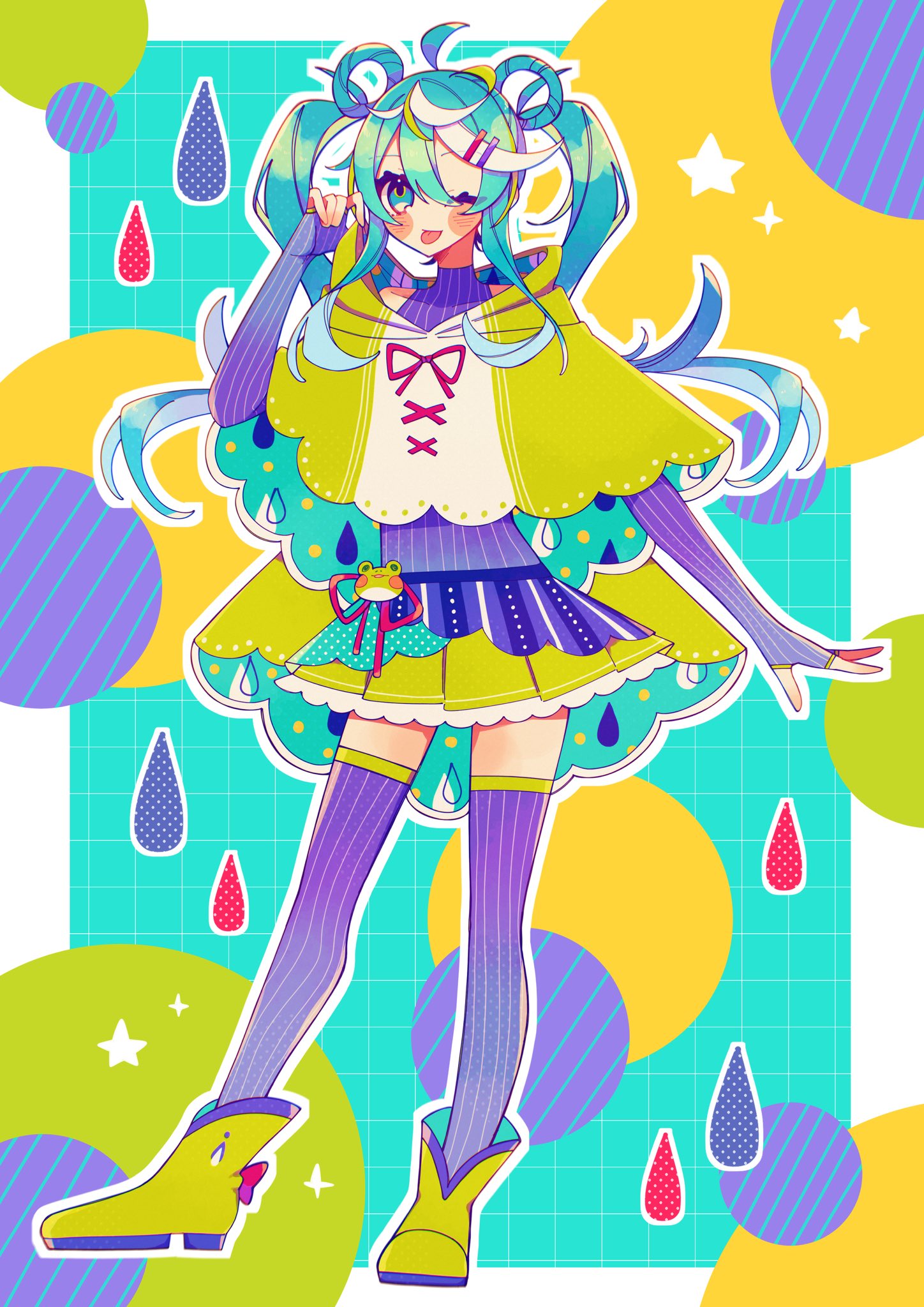 1girl, ahoge, aqua_eyes, aqua_hair, aqua_skirt, blue_skirt, blush, boots, capelet, clothes_grab, colorful_background, commentary_request, elbow_gloves, fingerless_gloves, full_body, gloves, green_boots, green_capelet, green_skirt, green_streaks, gyarinrin358, hair_between_eyes, hair_ornament, hair_rings, hairclip, hatsune_miku, highres, hood, hood_down, hood_grab, miniskirt, multicolored_hair, multicolored_skirt, outline, pleated_skirt, polka_dot, polka_dot_shirt, purple_gloves, purple_shirt, purple_thighhighs, rainwear_hatsune_miku_design_contest, shirt, skirt, sleeveless, sleeveless_shirt, smile, solo, standing, star_(symbol), streaked_hair, striped_clothes, striped_gloves, striped_thighhighs, thigh-highs, tongue, tongue_out, turtleneck, twintails, two-sided_capelet, vertical-striped_clothes, vertical-striped_gloves, vertical-striped_thighhighs, vocaloid, water_drop_print, white_outline, white_streaks