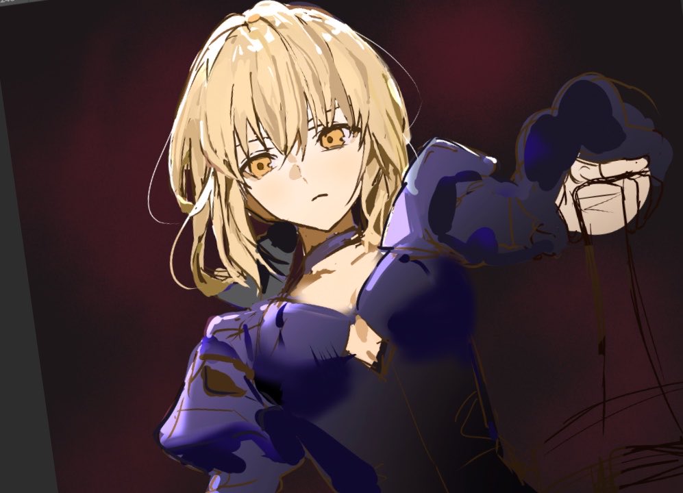 1girl, artoria_pendragon_(fate), black_dress, blonde_hair, braid, braided_bun, bun_with_braided_base, dark_persona