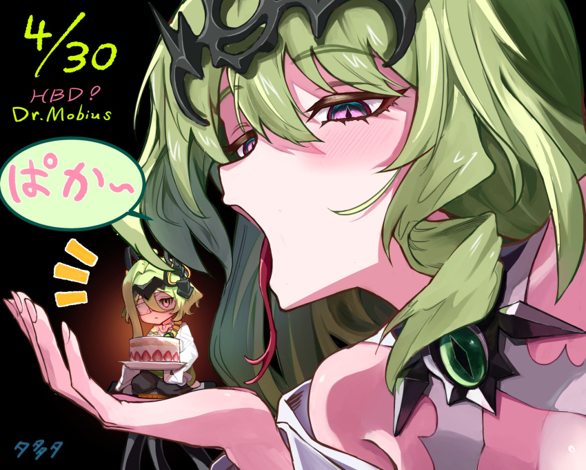 2girls, birthday_cake, cake, commentary_request, dated, eyepatch, food, forked_tongue
