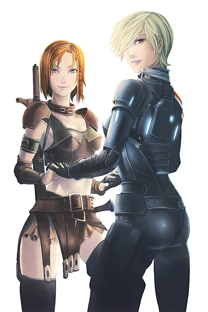 armor, ass, black_legwear, blonde_hair, blue_eyes, brown_eyes, brown_hair, character_request, commander_shepard, commander_shepard_(female), dragon_age, dragon_age:_origins, fingers_clasped, garter_straps, hair_over_one_eye, hands_clasped, human, interlocked_fingers, leliana_(dragon_age), mass_effect, midriff, miniskirt, multiple_girls, short_hair, skirt, sword, thigh-highs, thighhighs, weapon, yana_yana, yuri