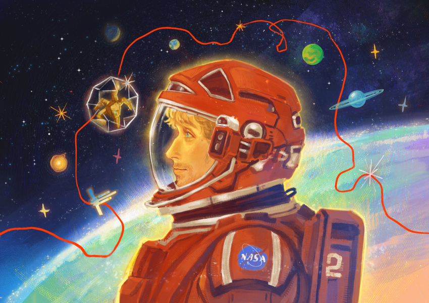 alien, astronaut, beard, beard_stubble, facial_hair, galaxy, highres, in_orbit