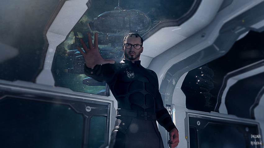 1boy, 3d, armor, artist_name, battleship_(eve_online), beard, belt, black_armor