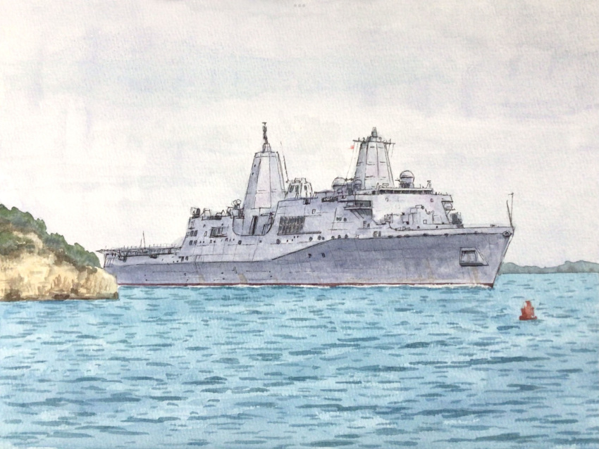 amphibious_assault_ship, atelier_bono, clouds, cloudy_sky, commentary_request, grey_sky, highres, landing_craft