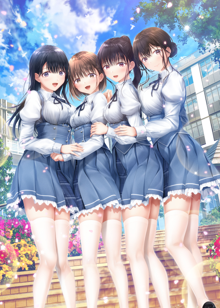 4girls, :d, black_hair, blue_skirt, blue_sky, breasts, brown_eyes, brown_hair
