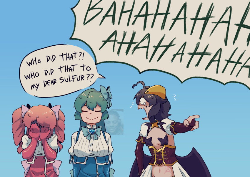 3girls, ahoge, aqua_hair, bat_wings, black_hair, closed_eyes, commentary, covering_own_face