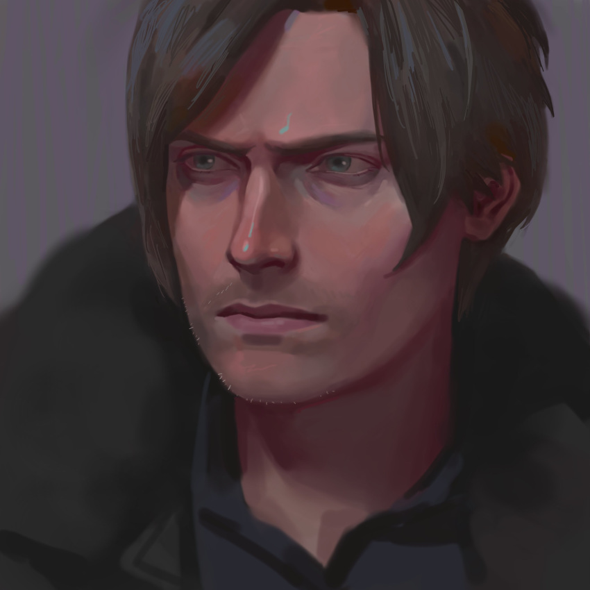 1boy, absurdres, aegyo_sal, black_jacket, blue_eyes, blue_shirt, brown_hair, fur_trim