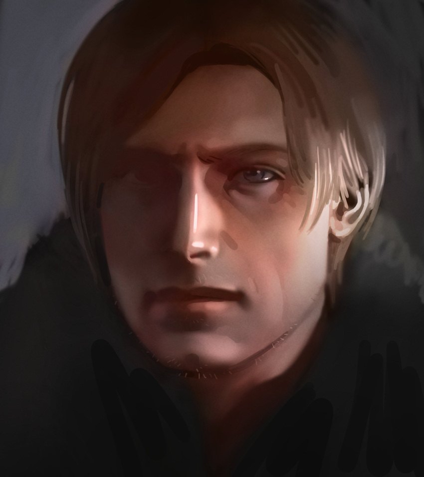 1boy, absurdres, aegyo_sal, black_jacket, blue_eyes, brown_hair, expressionless, fur_trim