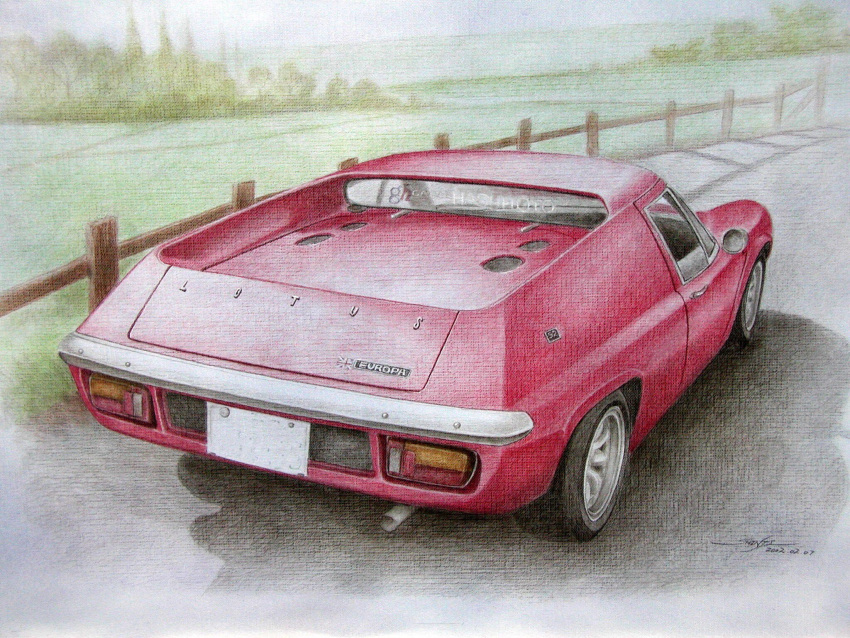 car, colored_pencil_(medium), commentary_request, dated, day, fence, highres, lotus_(brand)