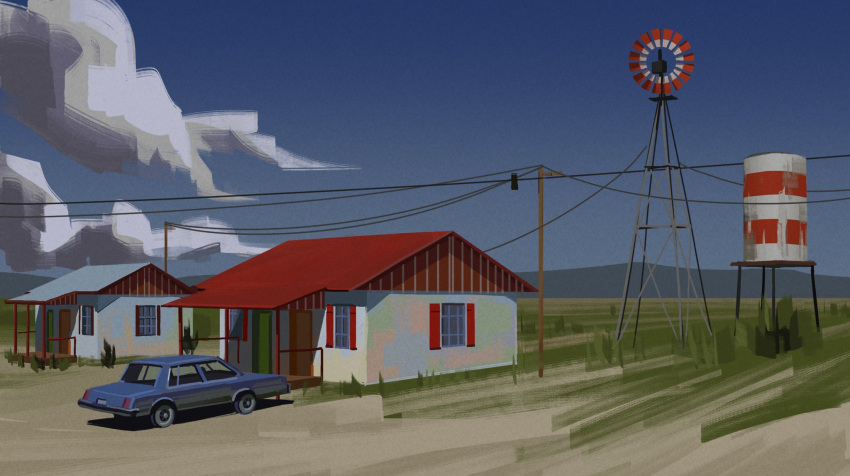 blue_sky, car, day, highres, horizon, house, motor_vehicle, mountainous_horizon