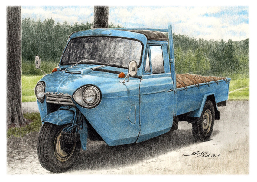 autocycle, blue_car, border, car, colored_pencil_(medium), commentary_request, dated, day