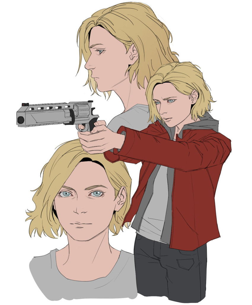 1girl, blonde_hair, blue_eyes, bob_cut, cowboy_shot, flat_color, grace_ashcroft, grey_trim