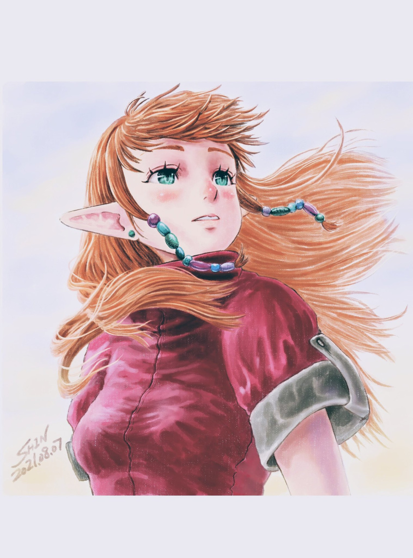 1girl, colored_pencil_(medium), commentary_request, dated, dr._fabre_(shin_iroenpitsu), earrings, elf, floating_hair