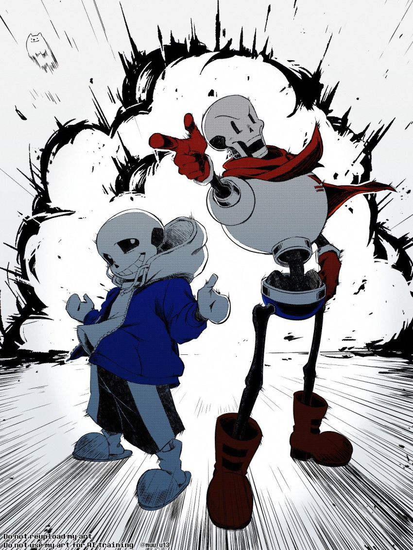 2boys, animal, annoying_dog, backlighting, black_sclera, black_shorts, blue_jacket, bone, boots, bright_pupils, brothers, colored_sclera, commentary_request, dog, drawstring, emphasis_lines, english_commentary, explosion, explosion_background, floating_clothes, floating_scarf, flying_animal, full_body, furrowed_brow, gloves, grin, hand_on_own_hip, highres, hip_bones, hood, hooded_jacket, jacket, looking_to_the_side, male_focus, mixed-language_commentary, multiple_boys, muu_ut3, open_clothes, open_jacket, open_mouth, outstretched_arm, papyrus_(undertale), partially_colored, pointing, red_boots, red_gloves, red_scarf, sans_(undertale), scarf, shirt, shorts, shrugging, siblings, skeleton, skull, slippers, smile, socks, solid_oval_eyes, spine, standing, striped_clothes, striped_shorts, twitter_username, undertale, utdr_(toby_fox), white_background, white_gloves, white_pupils, white_shirt, white_slippers, white_socks, zipper