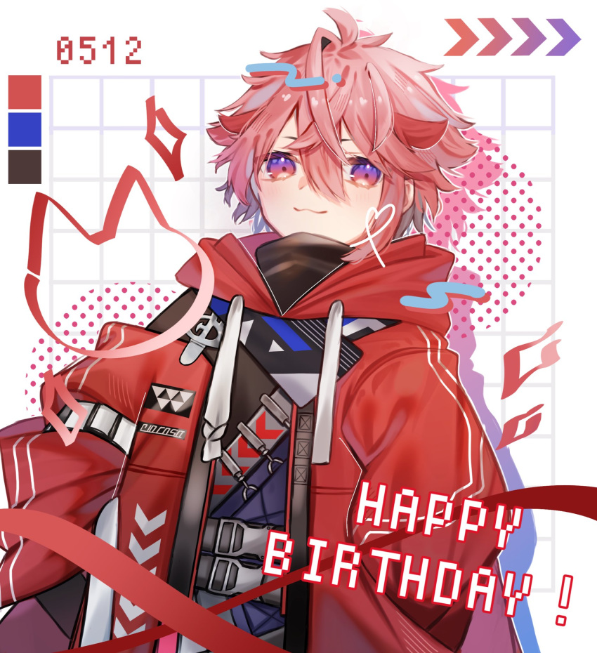 1boy, abstract_background, buckle, commentary_request, facing_viewer, hair_between_eyes, happy_birthday, highres