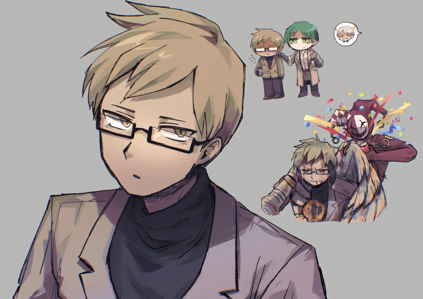 1girl, 3boys, absurdres, argyle_clothes, argyle_hat, behind_another, black_gloves, black_pants