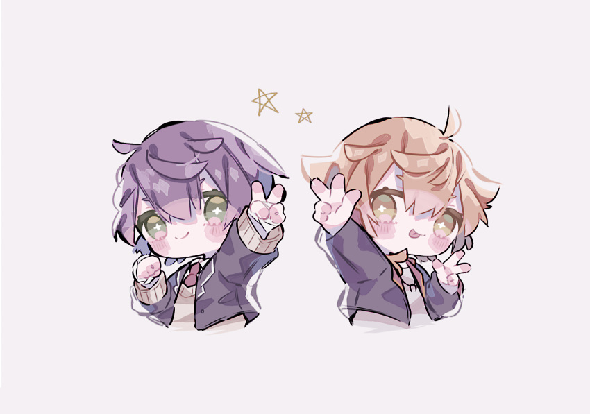 2boys, ahoge, blonde_hair, blush, bright_pupils, chibi, facing_viewer, fushimi_gaku