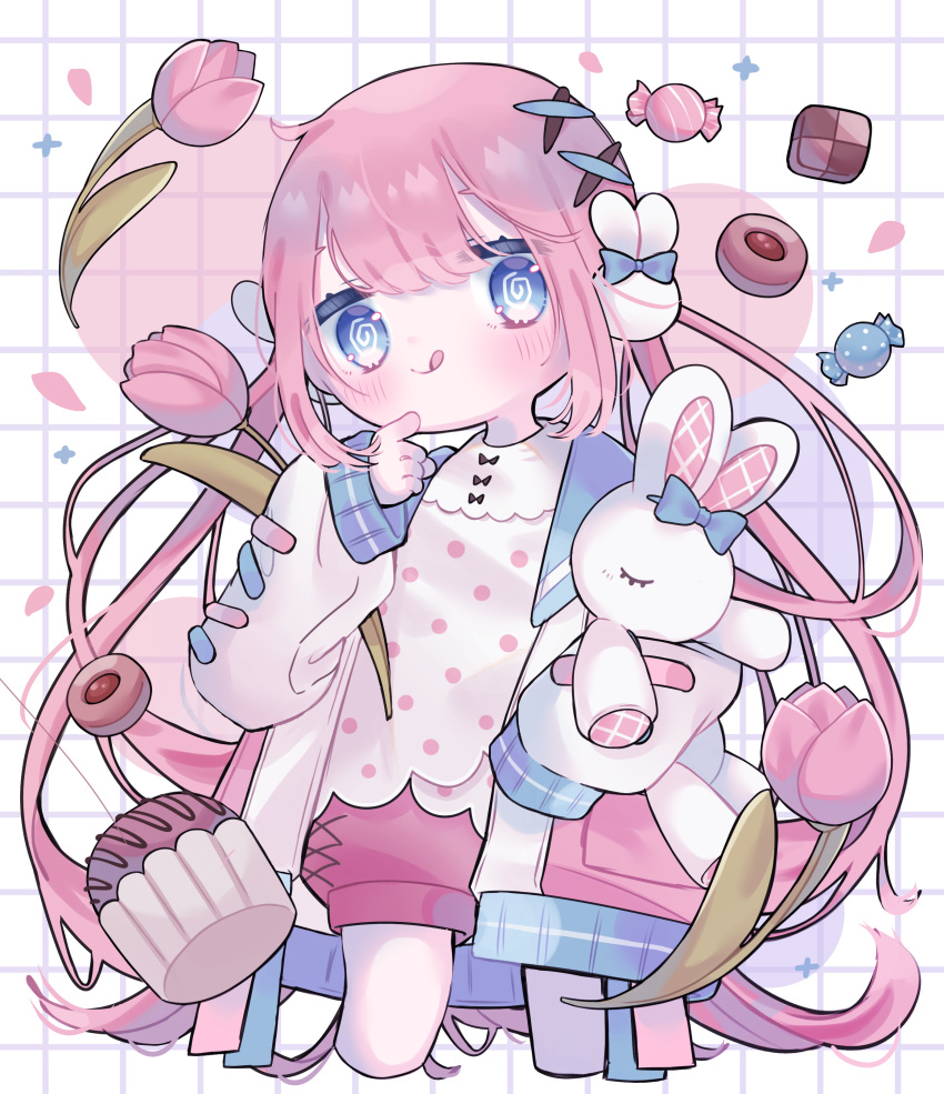 1girl, @_@, abstract_background, absurdres, candy, chocolate, cupcake, doughnut