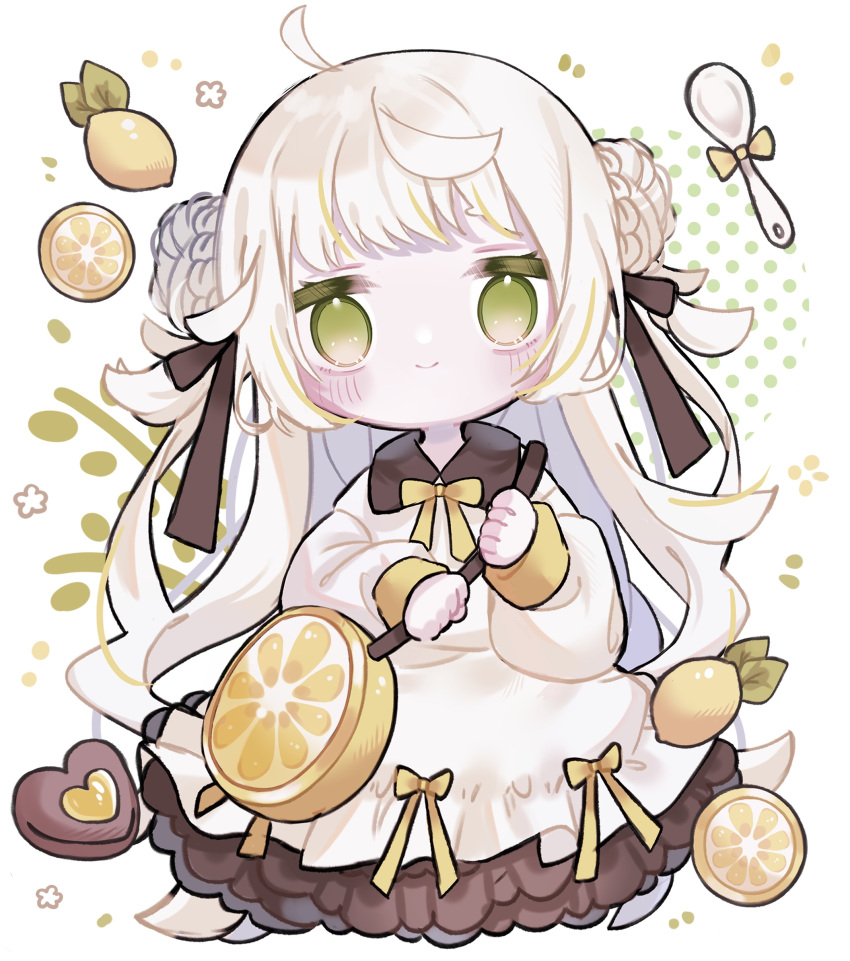 1girl, abstract_background, ahoge, blonde_hair, chibi, closed_mouth, commentary_request, dress