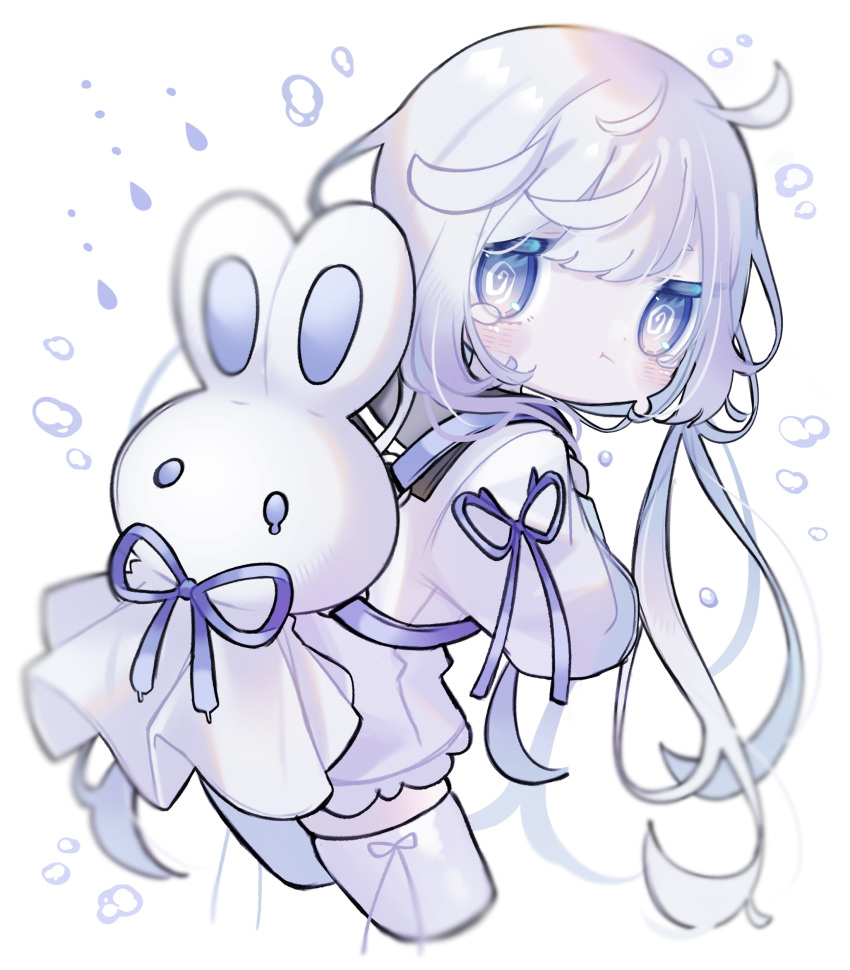 1girl, absurdres, ahoge, animal_ears, backpack, bag, bare_legs, blue_eyes
